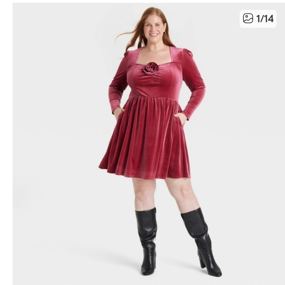 Ava & Viv Velvet Red Burgundy Long Sleeve Dress With Pockets & Rose Holiday 1x